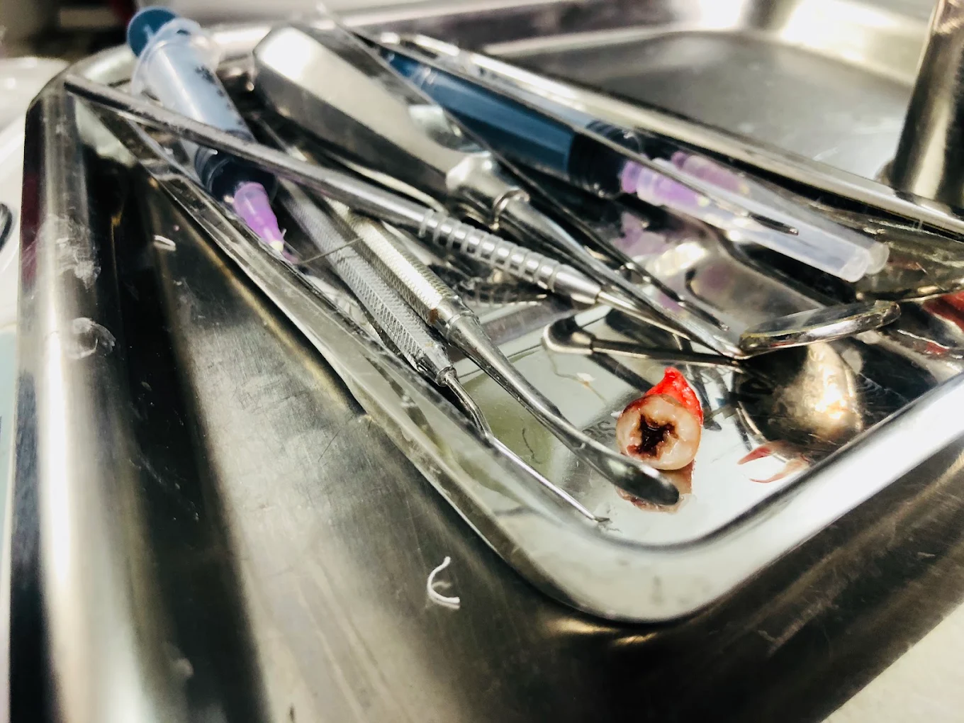 Dental instruments arranged on a steel tray
